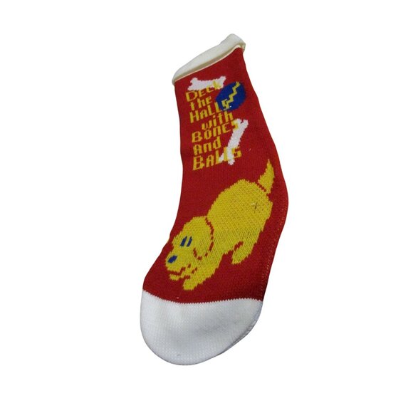 Vintage Puppy Dog Knit Christmas Stocking Deck The Halls Bone And Ball Design - Picture 1 of 10